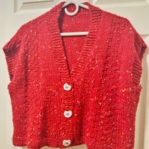 Red Buttoned Size M Women’s Vest Cardigan with ceramic kitty button